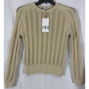 Zara Cable Knit Sweater Womens S Crochet Beige Crew Neck